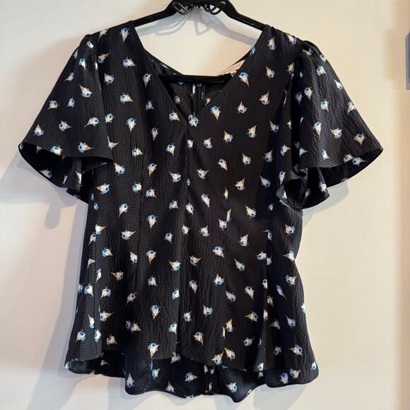 Rebecca Taylor Silk Peplum Blue Floral Top Black Textured Flutter Sleeve Sz 6 - Picture 1 of 7